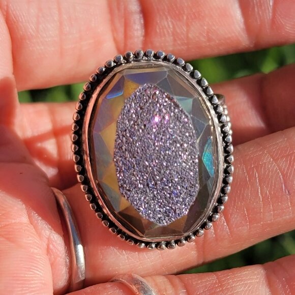 Designer Colleen Lopez purple flashy druzy 925 sterling silver heavy ring adjust - Picture 3 of 16